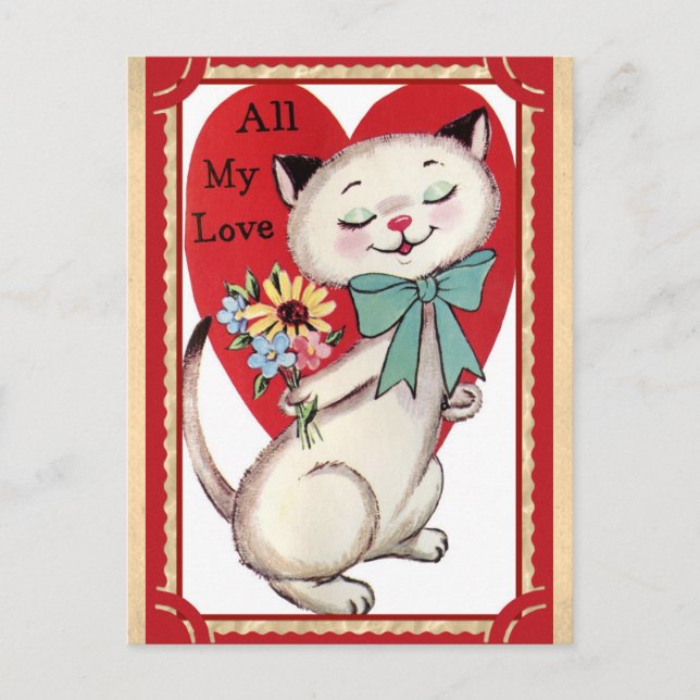 Niedlicher Vintager Cat Valentinstag Postkarte (Vorderseite)