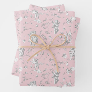 Niedlicher Vintager Cherub Kupiden Engel Rosa Blum Geschenkpapier Set