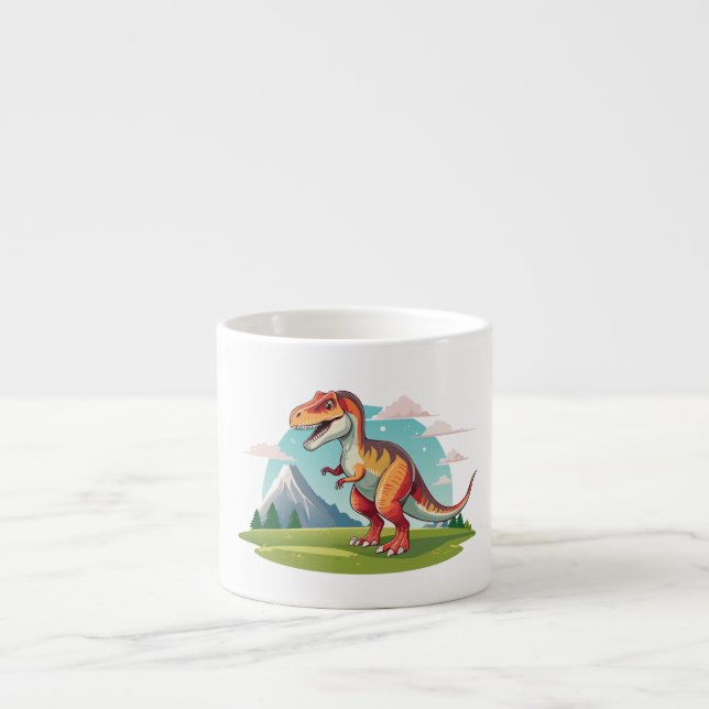 Niedlicher Vintager Dinosaurier T Rex mit Berg Espressotasse (Vorderseite)