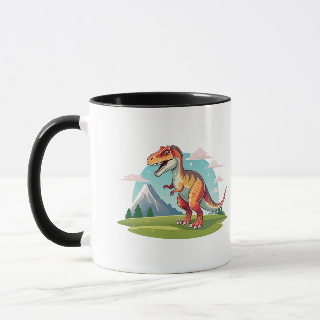 Niedlicher Vintager Dinosaurier T Rex mit Berg Tasse (Links)