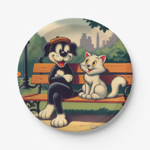 Niedlicher, Vintager Hund/Kater-Cartoon Pappteller