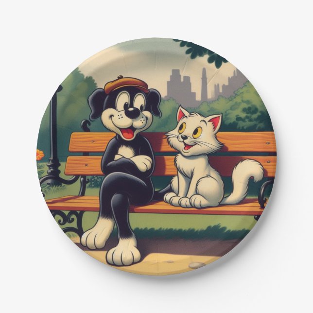 Niedlicher, Vintager Hund/Kater-Cartoon Pappteller (Vorderseite)