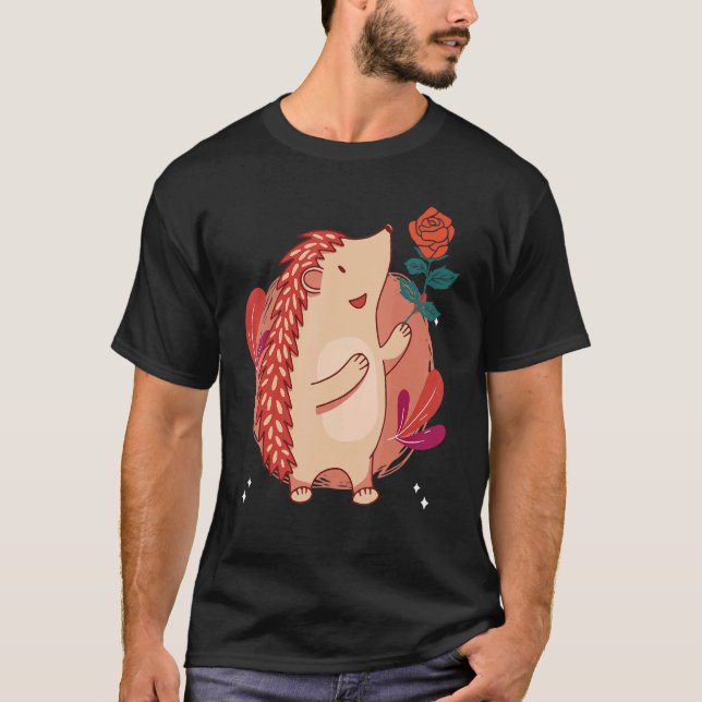 Niedlicher Vintager Igel und Blume Kunst T-Shirt (Vorderseite)