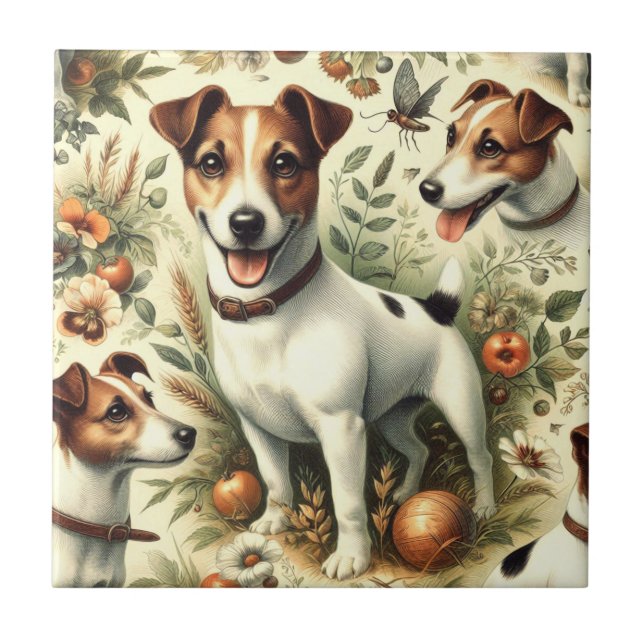 Niedlicher Vintager Jack Russell Terrier Fliese (Vorderseite)