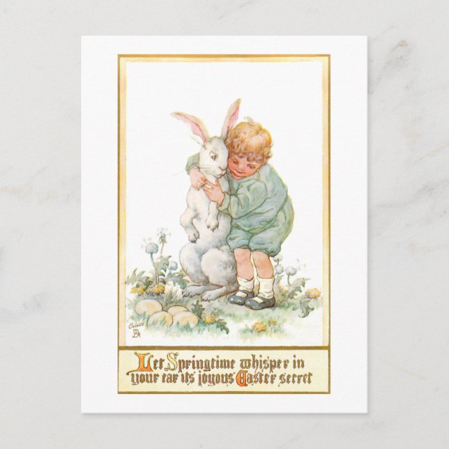Niedlicher Vintager Junge umarmt Osterhase Postkarte (Vorderseite)
