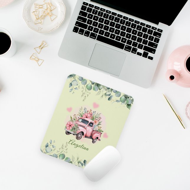 Niedlicher Vintager LKW Rosa Blumenfolie Mousepad (Von Creator hochgeladen)