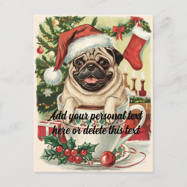 Niedlicher Vintager Mops Hund Weihnachten Postkart Postkarte (Vorderseite)