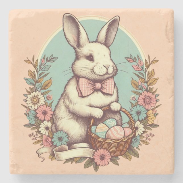 Niedlicher, Vintager Osterhase/Ei/Korb Steinuntersetzer (Vorderseite)