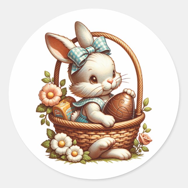 Niedlicher Vintager Osterhase mit Schokoladeneier Runder Aufkleber (Vorderseite)