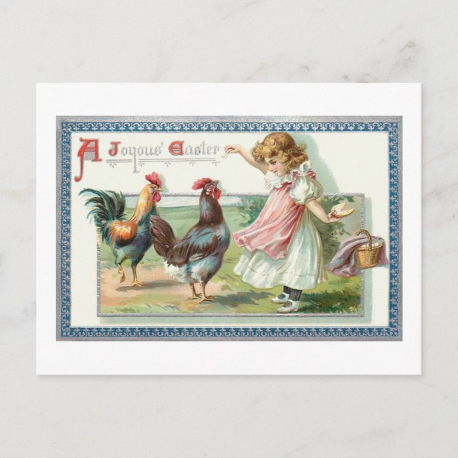 Niedlicher Vintager Osterhen, Rooster & Girl Postkarte (Vorderseite)