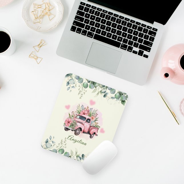 Niedlicher Vintager rosafarbener Blumenwalzenwagen Mousepad (Von Creator hochgeladen)