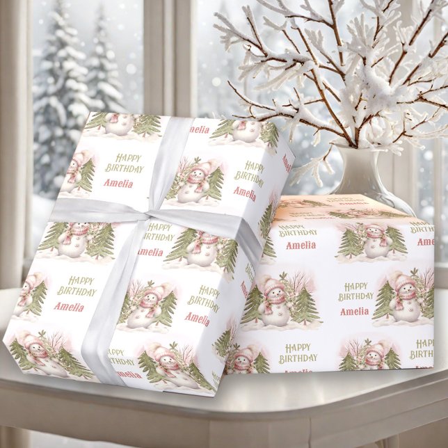 Niedlicher Vintager Schneemann Wintermädchen Geschenkpapier (Cute Vintage Snowman Winter Girl Name Text Wrapping Paper)