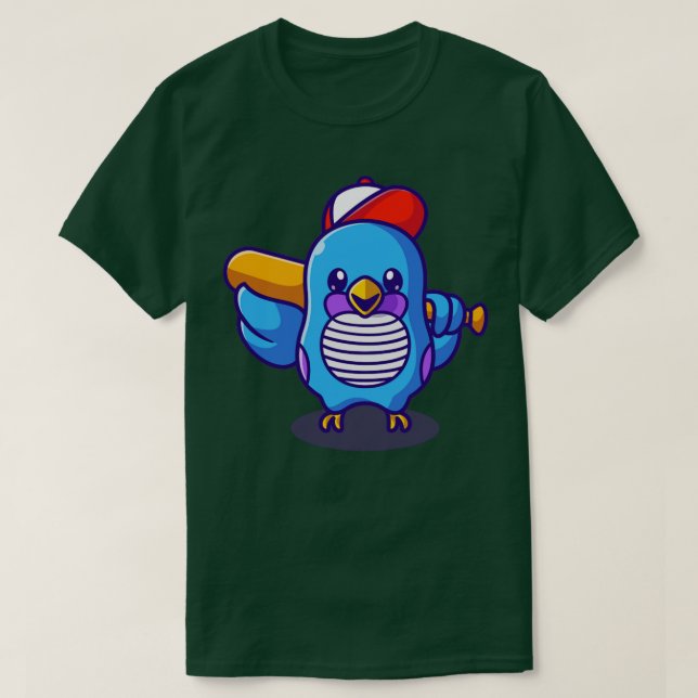 Niedlicher Vogel mit Hut, der Baseball-Bat-Cartoon T-Shirt (Design vorne)