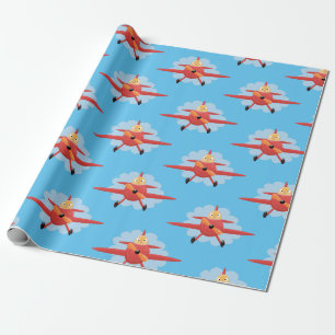 Niedlicher Vogel mit rotem Flugzeug Cartoon Abbild Geschenkpapier
