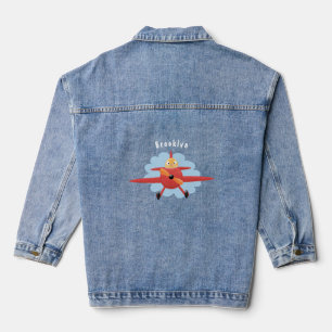 Niedlicher Vogel mit rotem Flugzeug Cartoon Abbild Jeansjacke