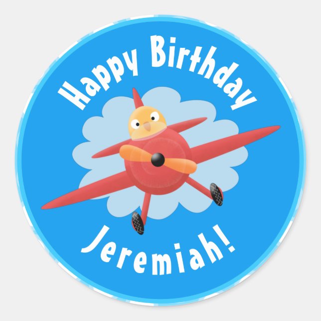 Niedlicher Vogel mit rotem Flugzeug Cartoon Abbild Runder Aufkleber (Vorderseite)