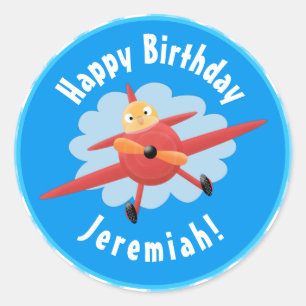 Niedlicher Vogel mit rotem Flugzeug Cartoon Abbild Runder Aufkleber