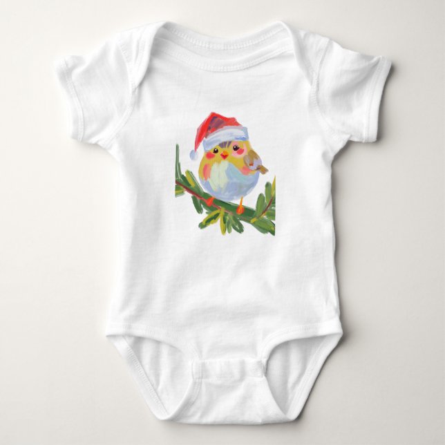 Niedlicher Vogel mit Weihnachtsmannmütze und roten Baby Strampler (Vorderseite)