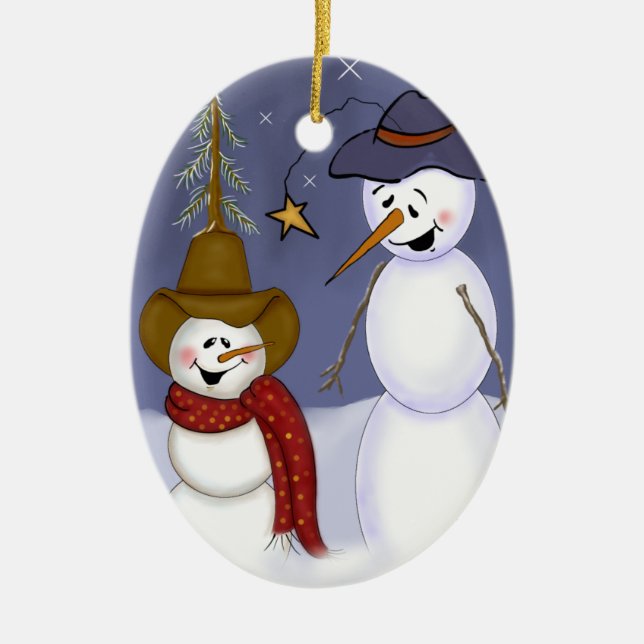 Niedlicher Volkskunst-CowboySnowman Keramikornament (Vorne)