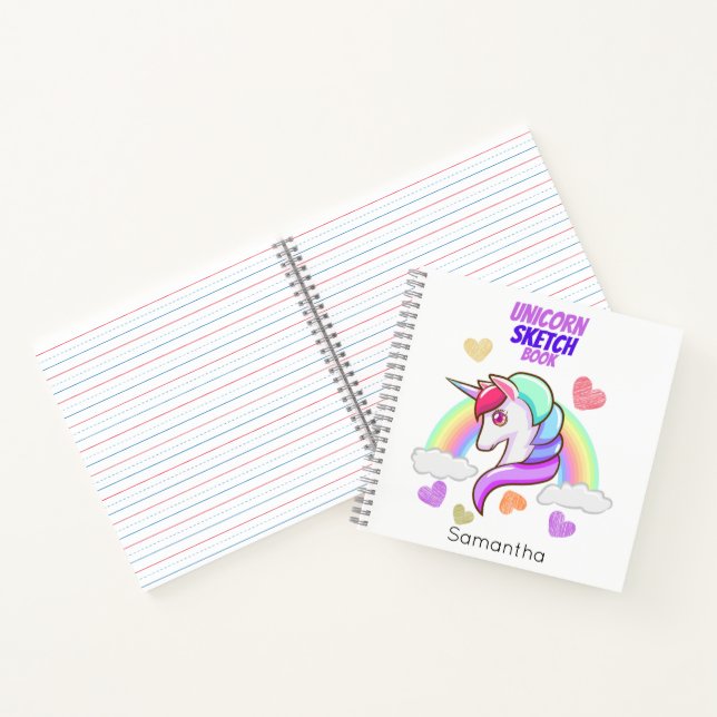 Niedlicher Vorname Rainbow Hearts Unicorn Sketch Notizbuch (Innenseite)