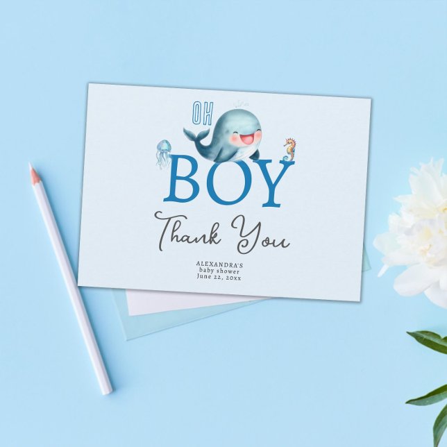 Niedlicher Wal unter Sea Boy Babydusche Dankeskarte (oh boy cute whale under the sea baby shower thank you card watercolor ocean beach)