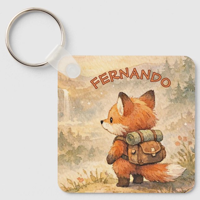 Niedlicher Wald-Fuchs-Explorer-Wasserfarben-Schule Schlüsselanhänger (Vorderseite)