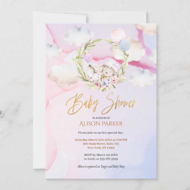 Niedlicher Wald Rabbit Pink Sky | Babydusche Einladung (Vorderseite)