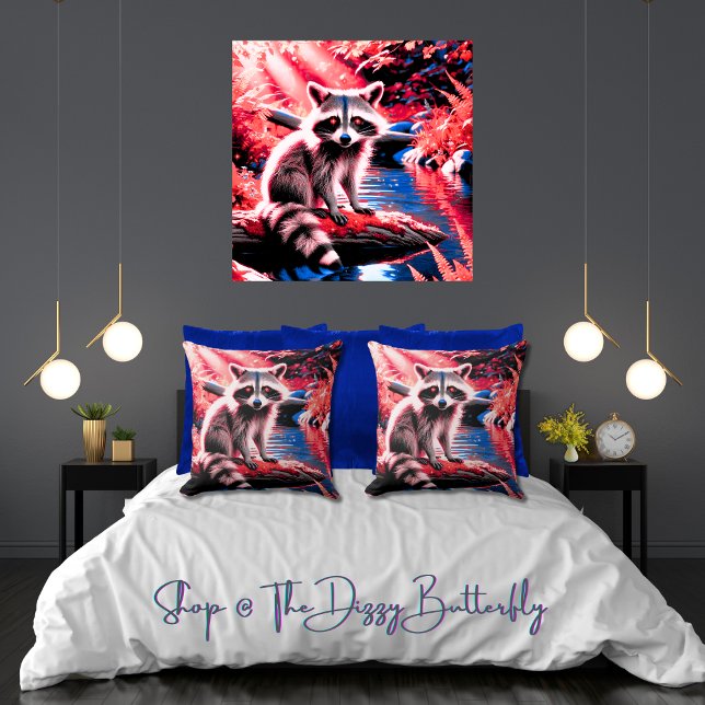 Niedlicher Wald Raccoon Roter Sparkle Natur Kissen (Woodland angel raccoon at one with the red crimson-kissed, sparkly forest 20 x 20 pillows (& more))