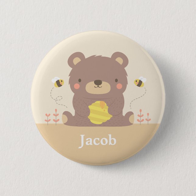 Niedlicher Waldbär und Bienen-personalisierter Button (Vorderseite)
