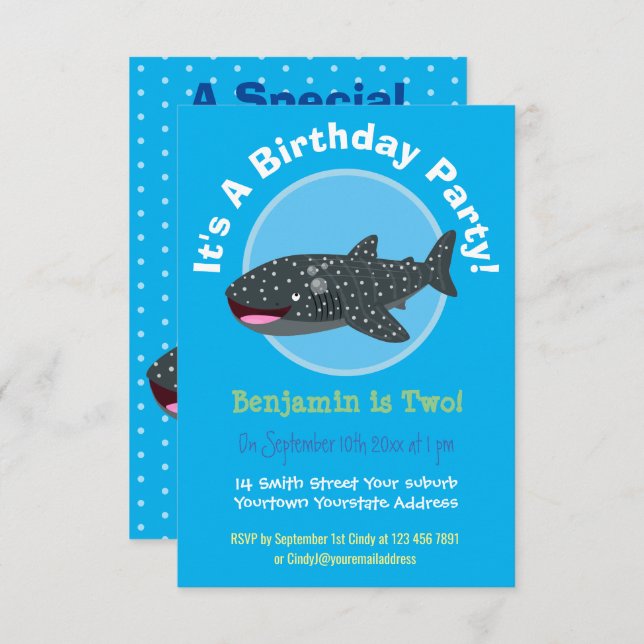 Niedlicher Walhai Happy Cartoon Illustration invit Einladung (Vorne/Hinten)