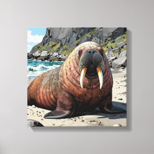 Niedlicher Walross auf einem Sandstrand  Leinwanddruck