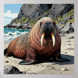 Niedlicher Walross auf einem Sandstrand Poster