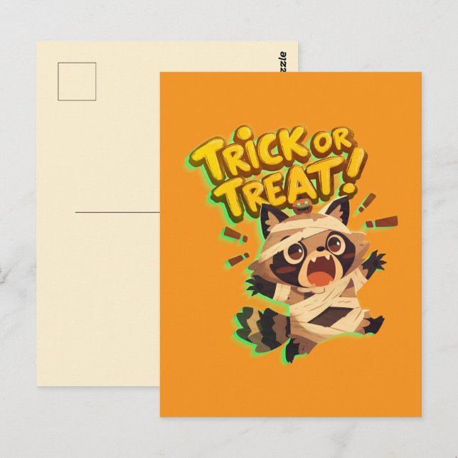 Niedlicher Waschcoon in Mumie-Kostüm mit Trick ode Postkarte (Vorne/Hinten)