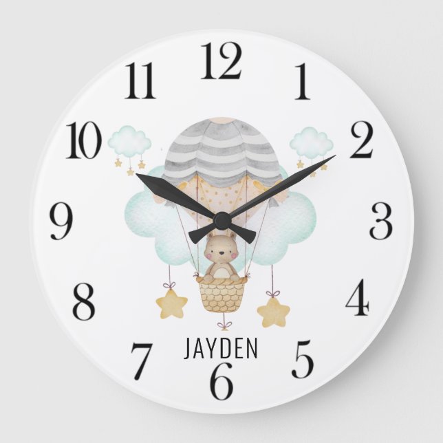 Niedlicher Wasserbär im Heißluftballon-Kinderzimme Große Wanduhr (Vorderseite)