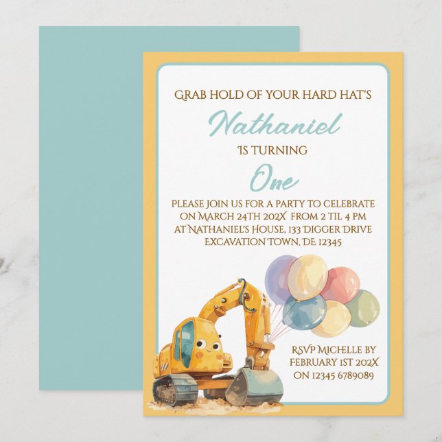 Niedlicher WasserfarbDigger 1. Geburtstag Party Einladung (Vorne/Hinten)