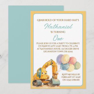 Niedlicher WasserfarbDigger 1. Geburtstag Party Einladung