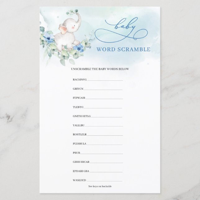 Niedlicher Wasserfarbelefant Blue Baby Word Scramb (Vorderseite)