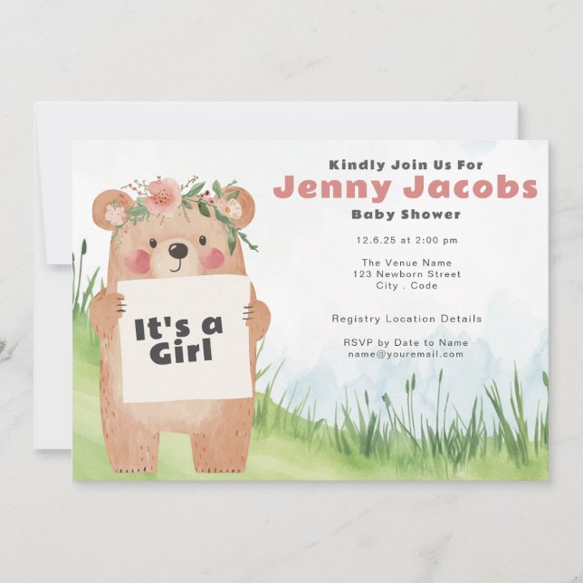Niedlicher Wasserfarben-Bär Es ist ein Mädchen pin Einladung (Vorderseite)