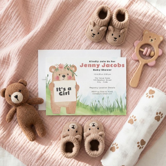 Niedlicher Wasserfarben-Bär Es ist ein Mädchen pin Einladung (Watercolor cute Bear It’s a girl pink Baby Shower Invitation.)