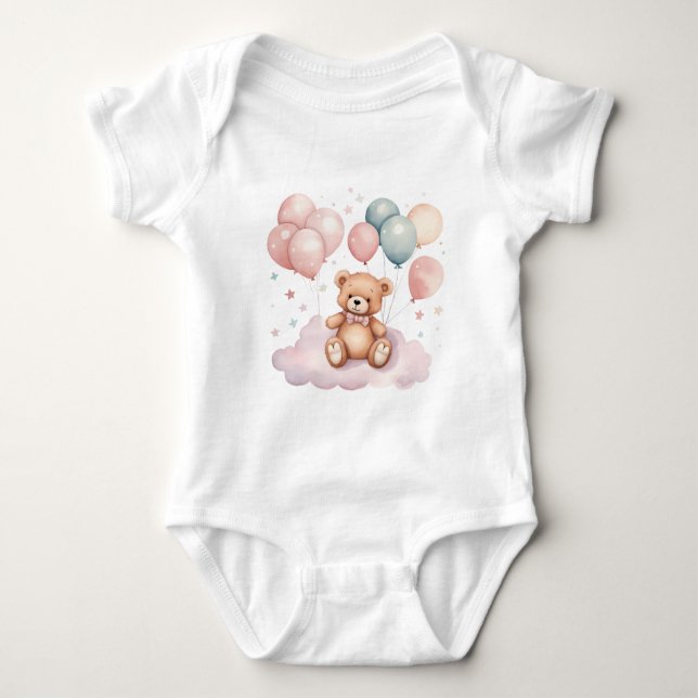 Niedlicher Wasserfarbenballon Teddy Bear auf Cloud Baby Strampler (Vorderseite)