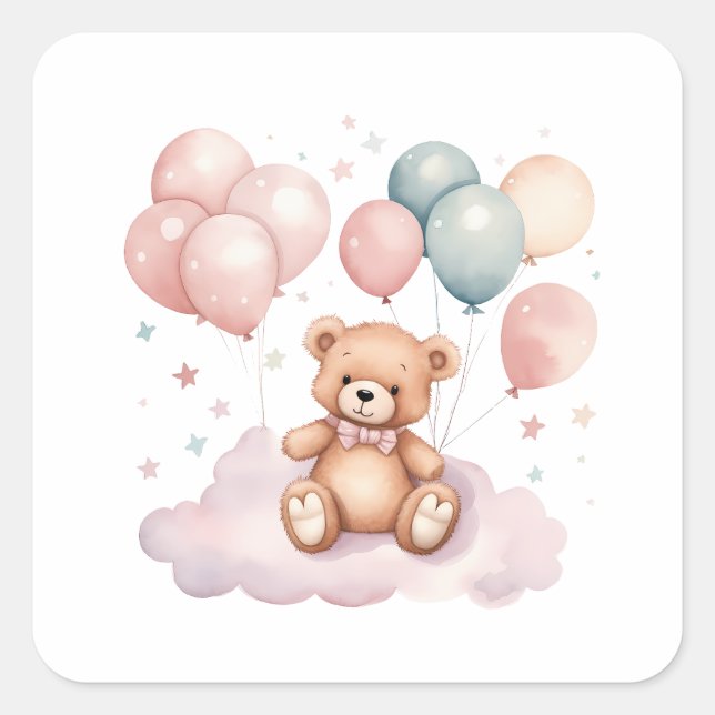 Niedlicher Wasserfarbenballon Teddy Bear auf Cloud Quadratischer Aufkleber (Vorderseite)