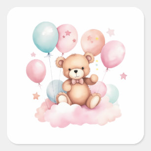 Niedlicher Wasserfarbenballon Teddy Bear auf rosa  Quadratischer Aufkleber