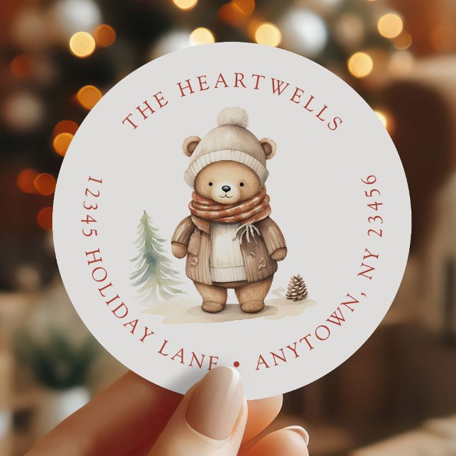 Niedlicher Wasserfarbenbär Weihnachten Rücksendead Runder Aufkleber (Von Creator hochgeladen)