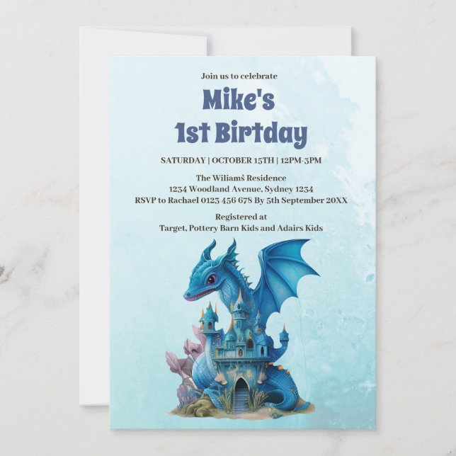 Niedlicher Wasserfarbenblauer Drache 1. Geburtstag Einladung (Vorderseite)