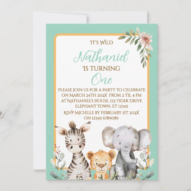 Niedlicher WasserfarbenJungle 1. Geburtstag Party Einladung (Vorderseite)