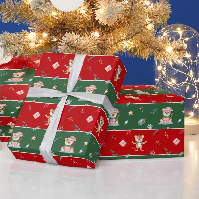 Niedlicher Wasserfarbiger Tiger in der Weihnachtsm Geschenkpapier (Feiertage)