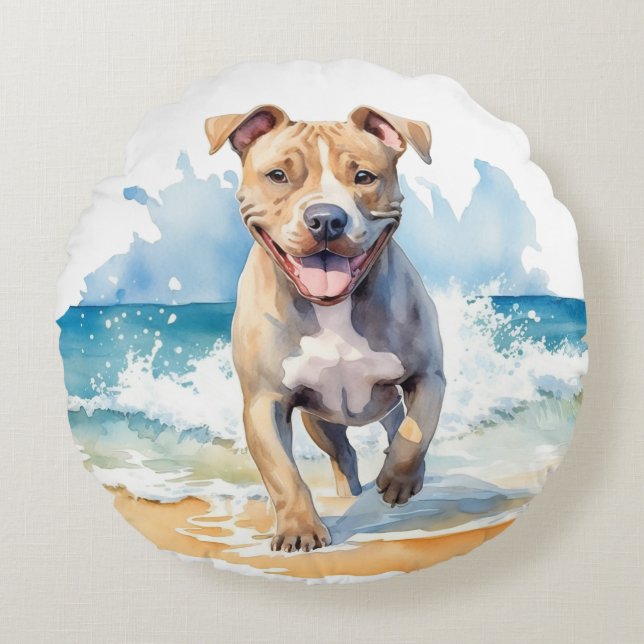 NIEDLICHER WASSERFARBPIT BULNING AM STRAND RUNDES KISSEN (Vorderseite)