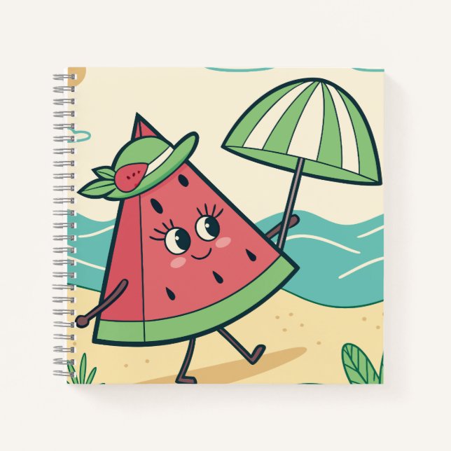 Niedlicher Wassermelone-Charakter am Strand - Note Notizbuch (Vorderseite)