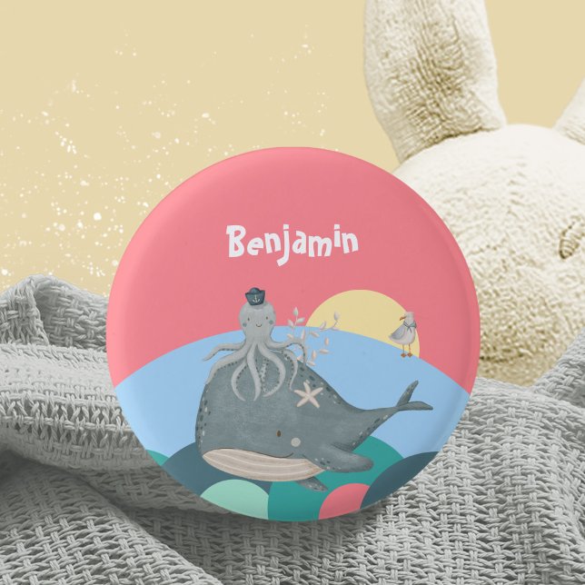 Niedlicher Wasserwal Oktopus Pink Babydusche Button (Cute Nautical Whale Squid Pink Baby Shower Button ©Susanne Sachers - Sunny Mind Design 🌞)