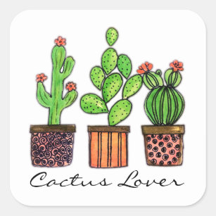 Niedlicher Watercolor-Kaktus in den Töpfen Quadratischer Aufkleber